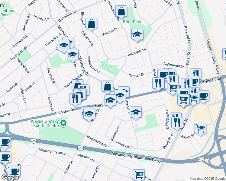 map of restaurants, bars, coffee shops, grocery stores, and more near 50 Memorial Drive in Brantford