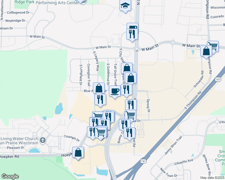 map of restaurants, bars, coffee shops, grocery stores, and more near 11 Blue Aster Boulevard in Sun Prairie
