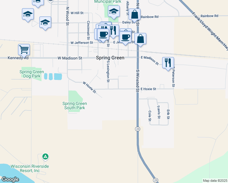 map of restaurants, bars, coffee shops, grocery stores, and more near 136 East Hoxie Street in Spring Green