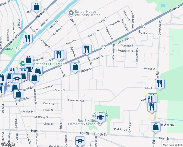 map of restaurants, bars, coffee shops, grocery stores, and more near 686 Vine Street in Lockport