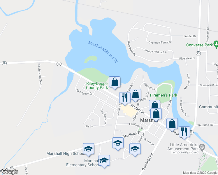map of restaurants, bars, coffee shops, grocery stores, and more near 922 Waters Edge Court in Marshall