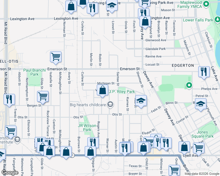 map of restaurants, bars, coffee shops, grocery stores, and more near 49 Villa Street in Rochester