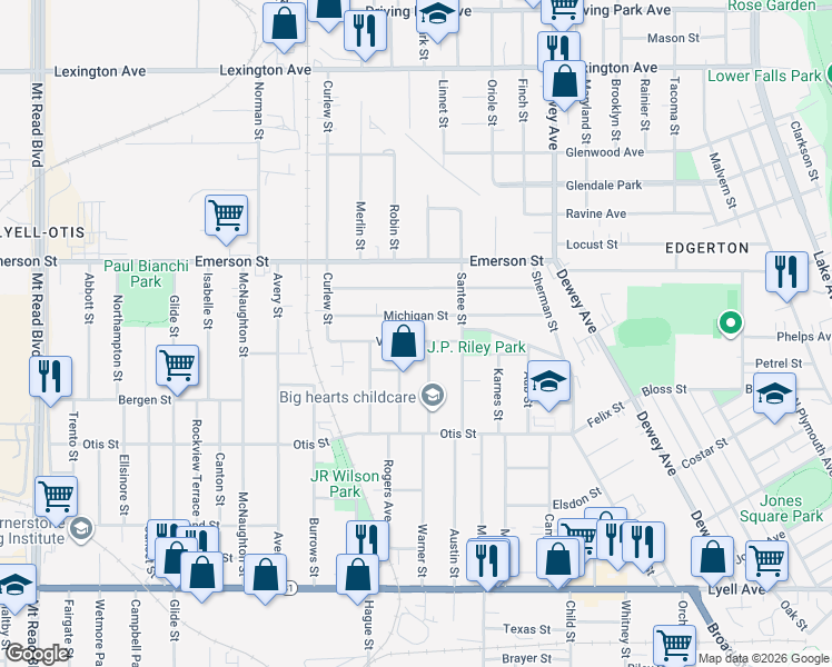 map of restaurants, bars, coffee shops, grocery stores, and more near 49 Villa Street in Rochester