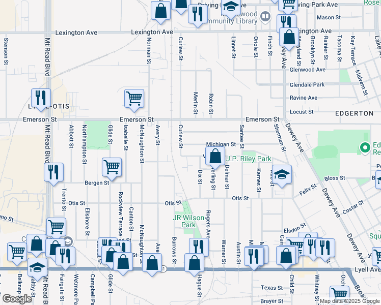 map of restaurants, bars, coffee shops, grocery stores, and more near 155 Villa Street in Rochester
