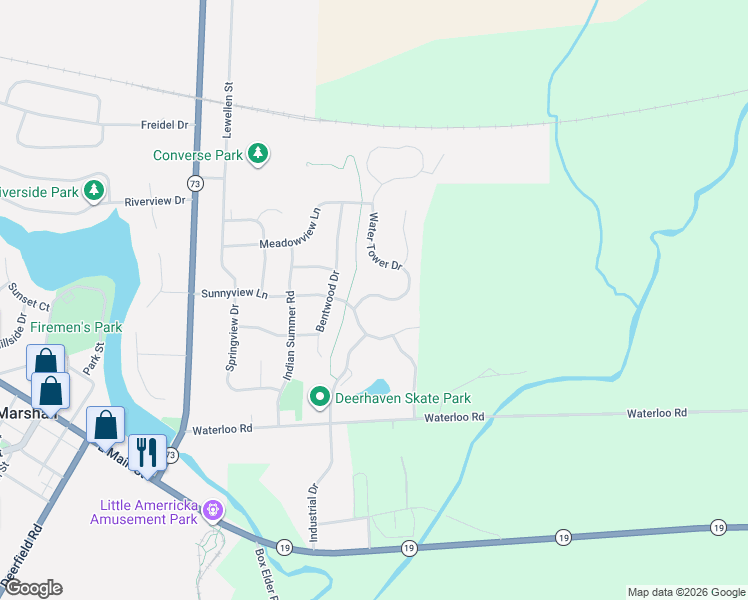 map of restaurants, bars, coffee shops, grocery stores, and more near 706 Sunnyview Lane in Marshall