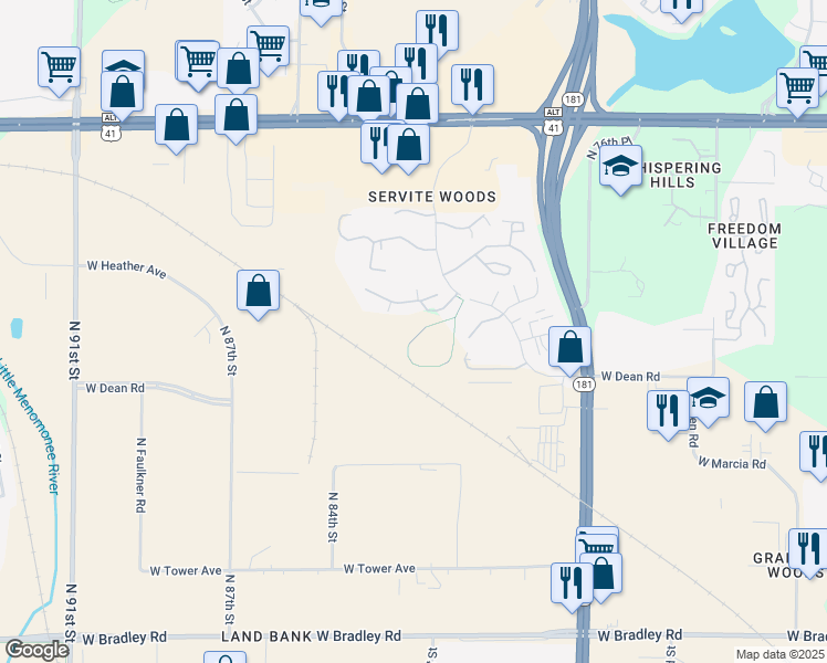 map of restaurants, bars, coffee shops, grocery stores, and more near 8501 North Servite Drive in Milwaukee