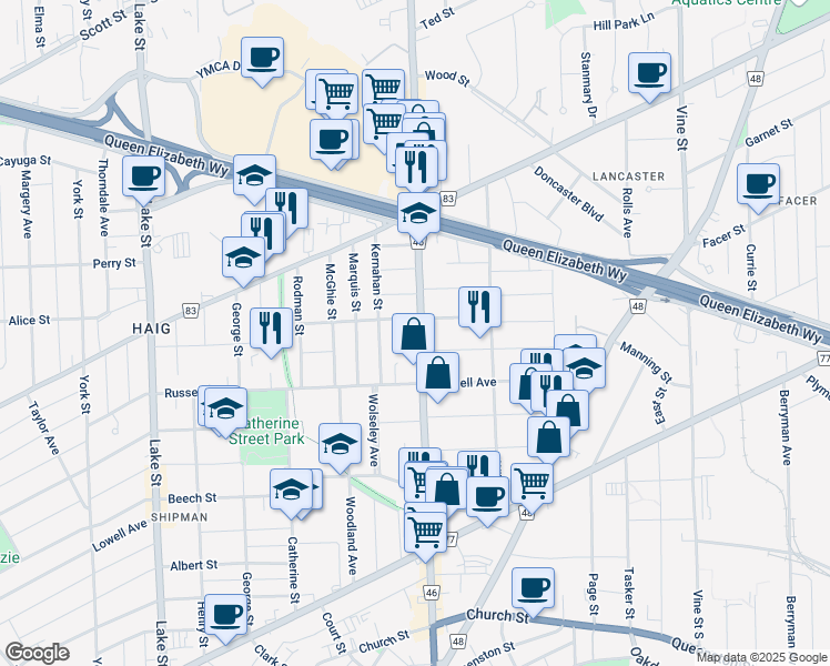 map of restaurants, bars, coffee shops, grocery stores, and more near 193 Geneva Street in Saint Catharines