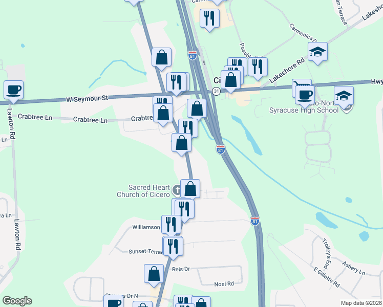 map of restaurants, bars, coffee shops, grocery stores, and more near 8284 Brewerton Road in Cicero