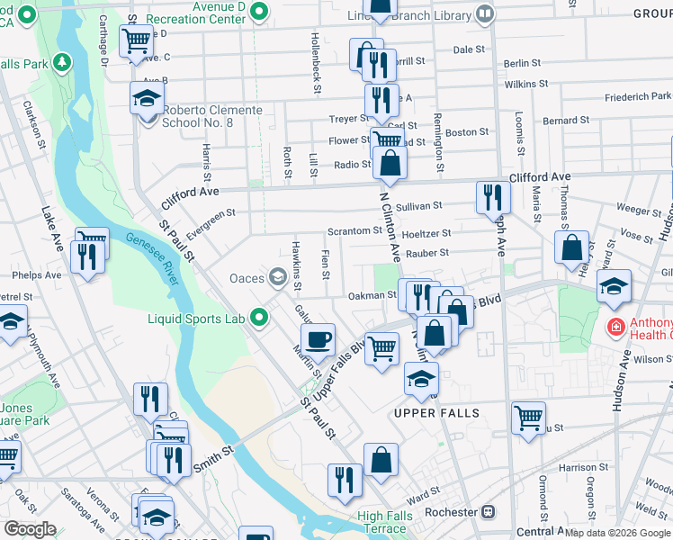 map of restaurants, bars, coffee shops, grocery stores, and more near 7 Fien Street in Rochester