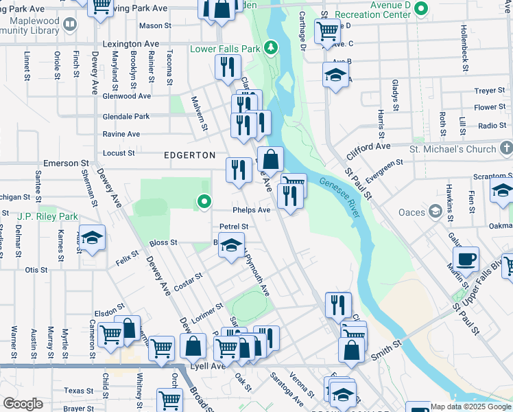 map of restaurants, bars, coffee shops, grocery stores, and more near 17 Phelps Avenue in Rochester
