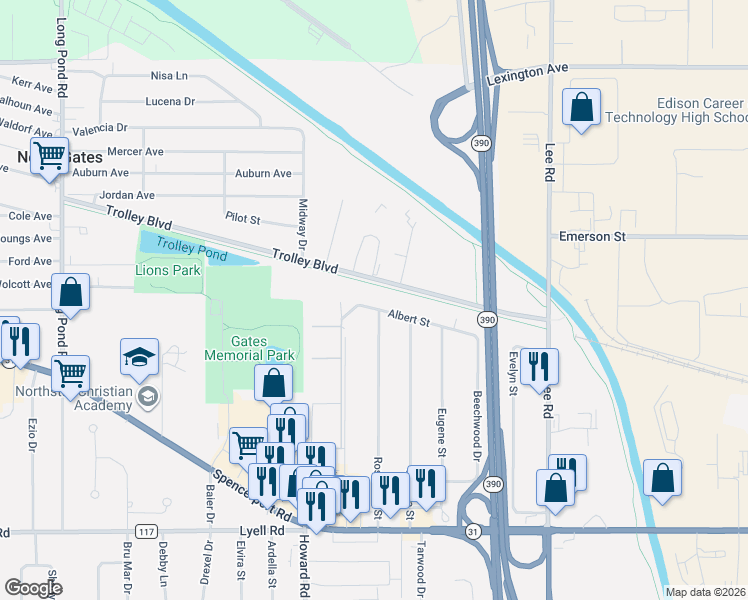 map of restaurants, bars, coffee shops, grocery stores, and more near 166 Albert Street in Rochester