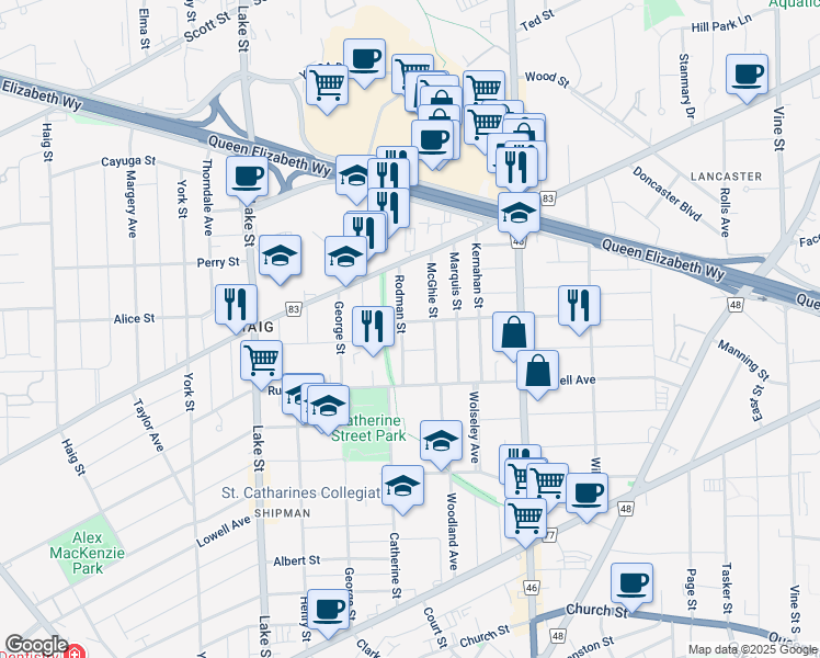 map of restaurants, bars, coffee shops, grocery stores, and more near 32 Rodman Street in St. Catharines