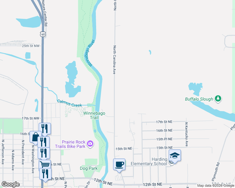 map of restaurants, bars, coffee shops, grocery stores, and more near 1827 North Carolina Avenue in Mason City