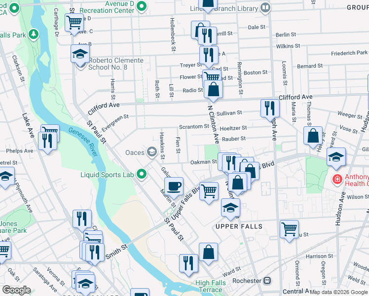 map of restaurants, bars, coffee shops, grocery stores, and more near 7 Fien Street in Rochester