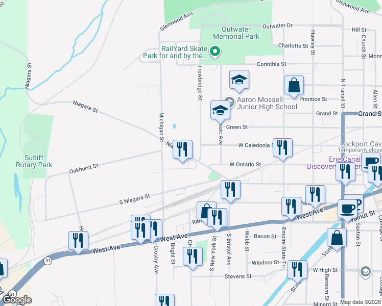 map of restaurants, bars, coffee shops, grocery stores, and more near 427 Niagara Street in Lockport