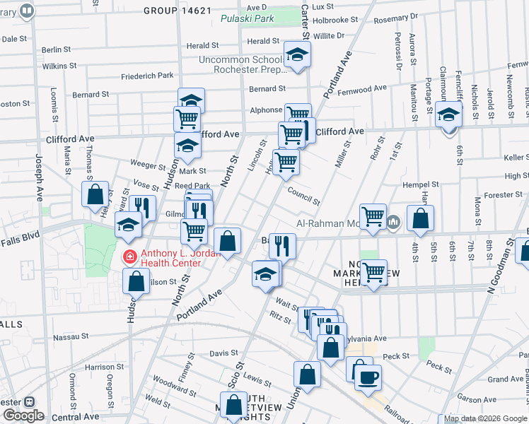 map of restaurants, bars, coffee shops, grocery stores, and more near 314 Portland Avenue in Rochester