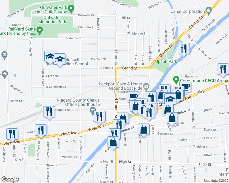 map of restaurants, bars, coffee shops, grocery stores, and more near 143 North Transit Street in Lockport