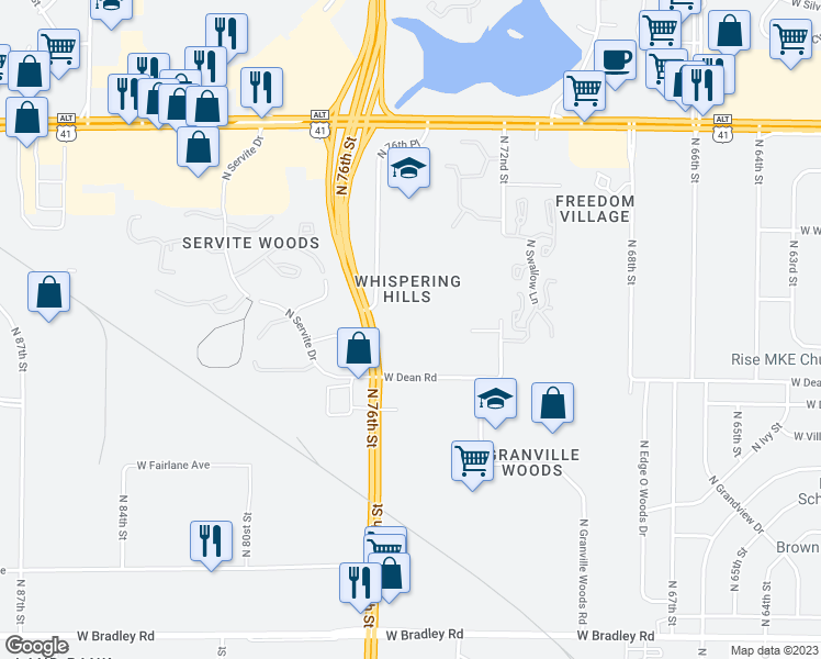 map of restaurants, bars, coffee shops, grocery stores, and more near 8460 North 76th Street in Milwaukee