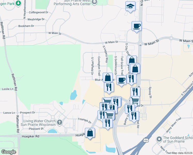 map of restaurants, bars, coffee shops, grocery stores, and more near 2841 Blue Aster Boulevard in Sun Prairie