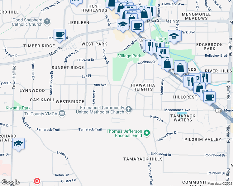map of restaurants, bars, coffee shops, grocery stores, and more near W168N8464 Jacobson Drive in Menomonee Falls