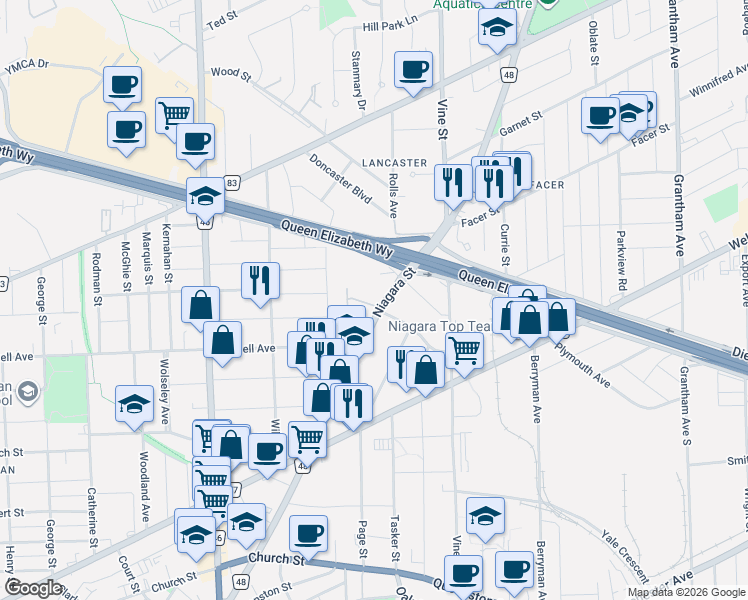 map of restaurants, bars, coffee shops, grocery stores, and more near 7 Gibson Place in St. Catharines