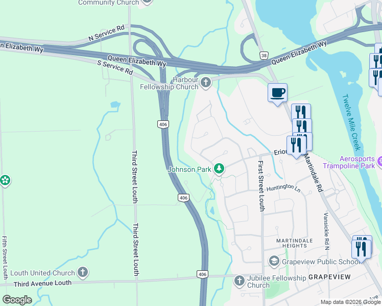 map of restaurants, bars, coffee shops, grocery stores, and more near 23 Francis Creek Boulevard in St. Catharines