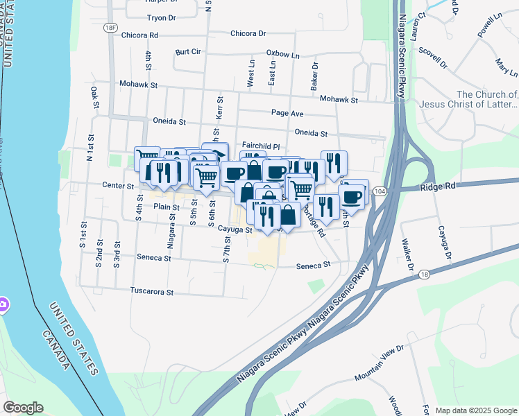map of restaurants, bars, coffee shops, grocery stores, and more near 735 Center Street in Lewiston