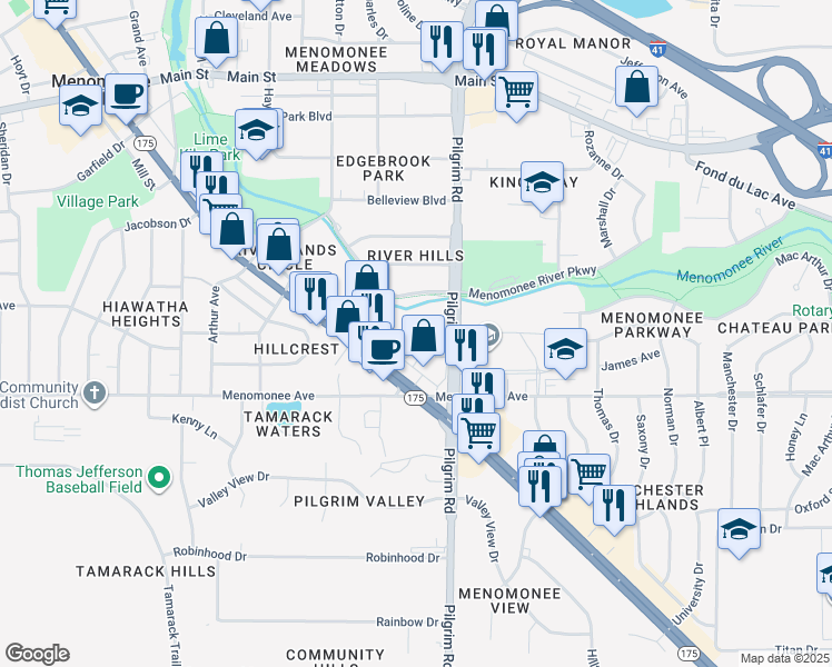 map of restaurants, bars, coffee shops, grocery stores, and more near n84w15750 Ridge Road in Menomonee Falls