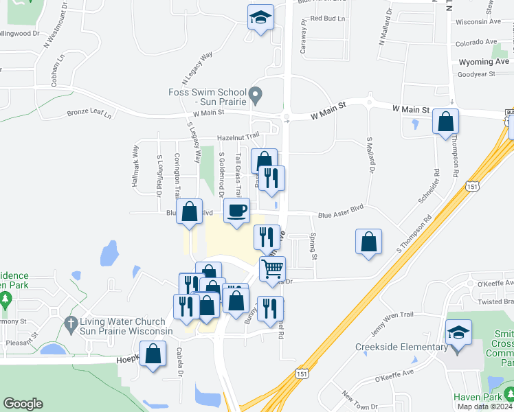 map of restaurants, bars, coffee shops, grocery stores, and more near 658 South Grand Avenue in Sun Prairie