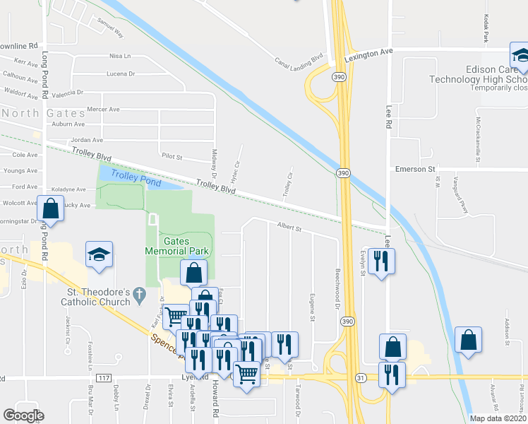 map of restaurants, bars, coffee shops, grocery stores, and more near 168 Albert Drive in Rochester