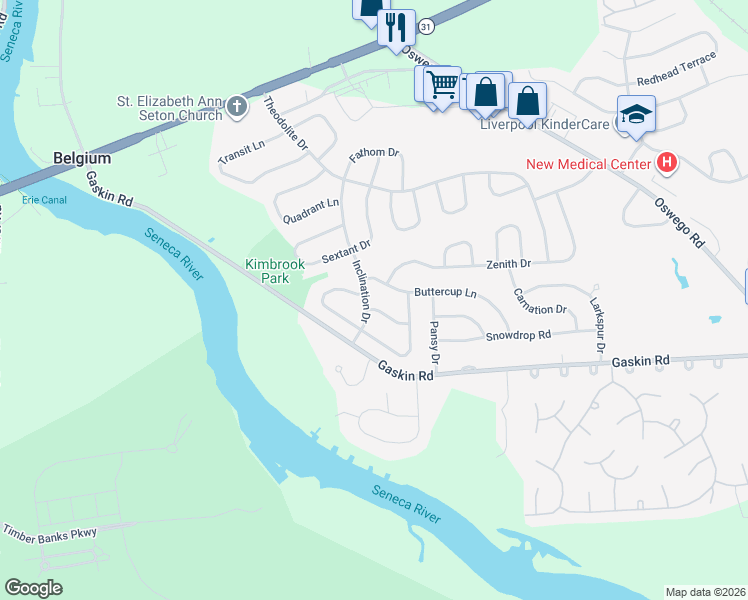 map of restaurants, bars, coffee shops, grocery stores, and more near 3625 Nadir Lane in Baldwinsville