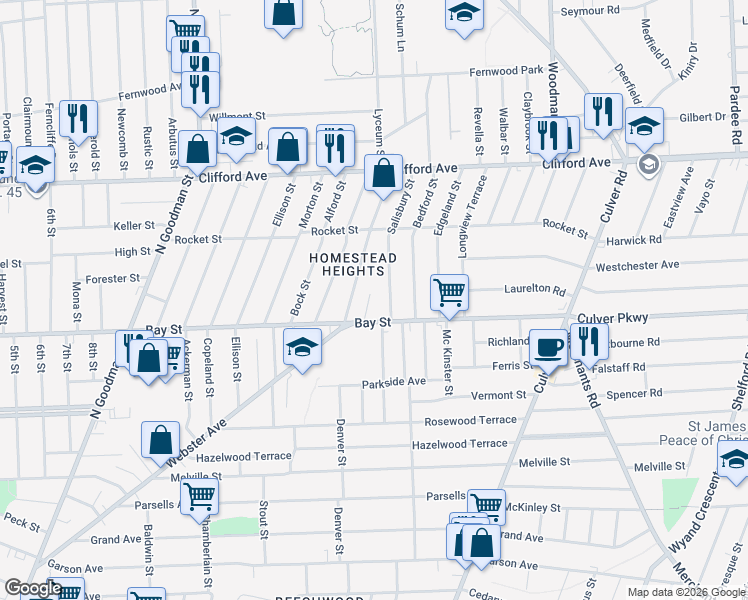 map of restaurants, bars, coffee shops, grocery stores, and more near 940 Bay Street in Rochester