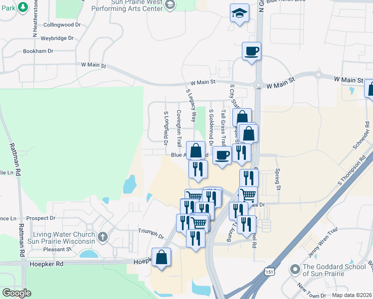 map of restaurants, bars, coffee shops, grocery stores, and more near 370 South Legacy Way in Sun Prairie