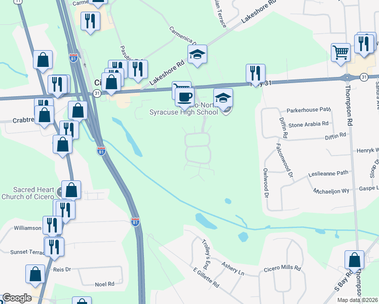 map of restaurants, bars, coffee shops, grocery stores, and more near 8776 New Country Drive in Cicero