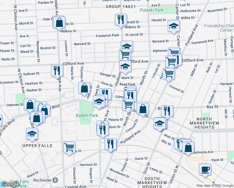 map of restaurants, bars, coffee shops, grocery stores, and more near 111 Merrimac Street in Rochester