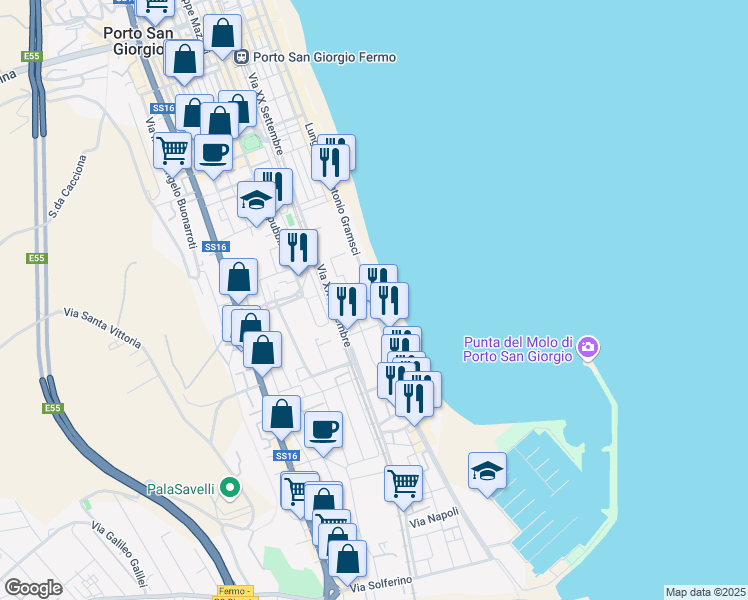 map of restaurants, bars, coffee shops, grocery stores, and more near Via Antonio Gramsci in Marina di Altidona