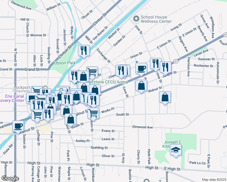 map of restaurants, bars, coffee shops, grocery stores, and more near 373 Walnut Street in Lockport