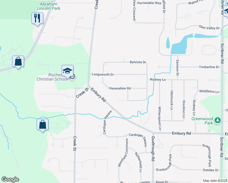 map of restaurants, bars, coffee shops, grocery stores, and more near 362 Embury Road in Rochester