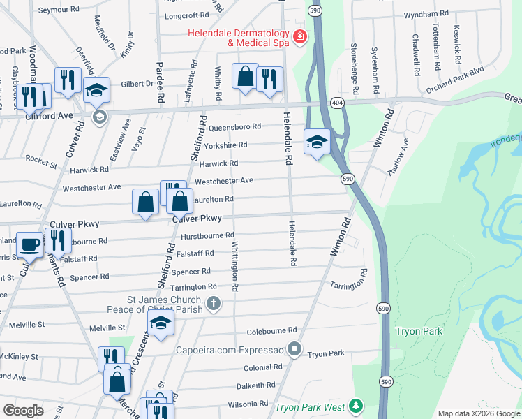 map of restaurants, bars, coffee shops, grocery stores, and more near 449 Culver Parkway in Rochester