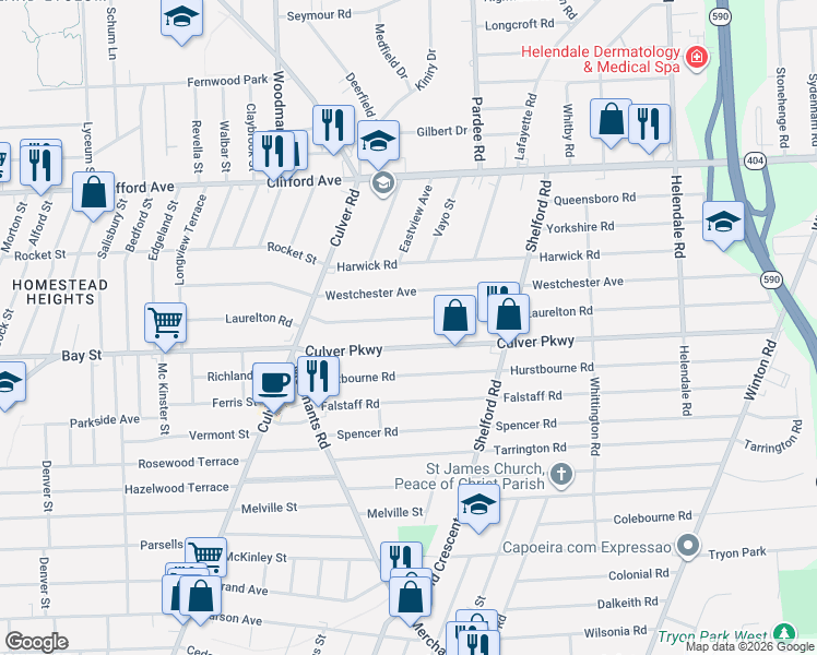 map of restaurants, bars, coffee shops, grocery stores, and more near 133 Culver Parkway in Rochester
