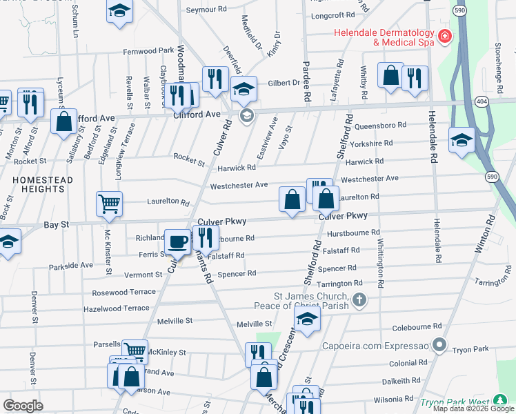map of restaurants, bars, coffee shops, grocery stores, and more near 133 Culver Parkway in Rochester