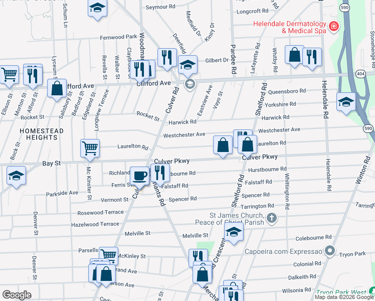 map of restaurants, bars, coffee shops, grocery stores, and more near 133 Culver Parkway in Rochester