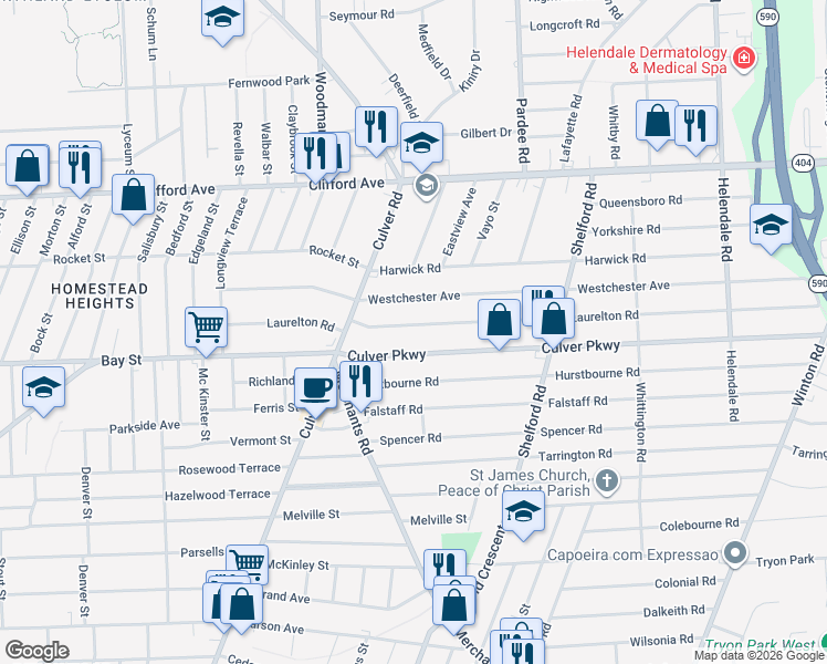 map of restaurants, bars, coffee shops, grocery stores, and more near 82 Culver Parkway in Rochester