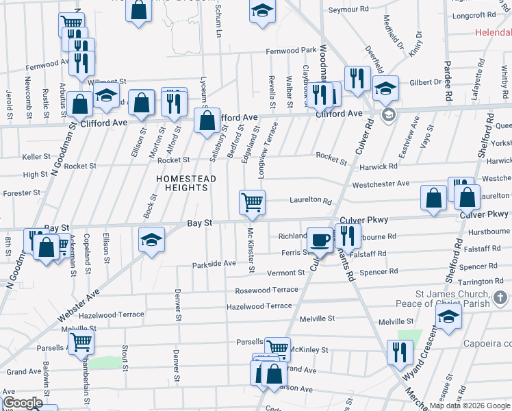 map of restaurants, bars, coffee shops, grocery stores, and more near in Rochester