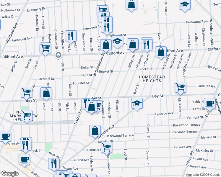 map of restaurants, bars, coffee shops, grocery stores, and more near 15 Cummings Street in Rochester