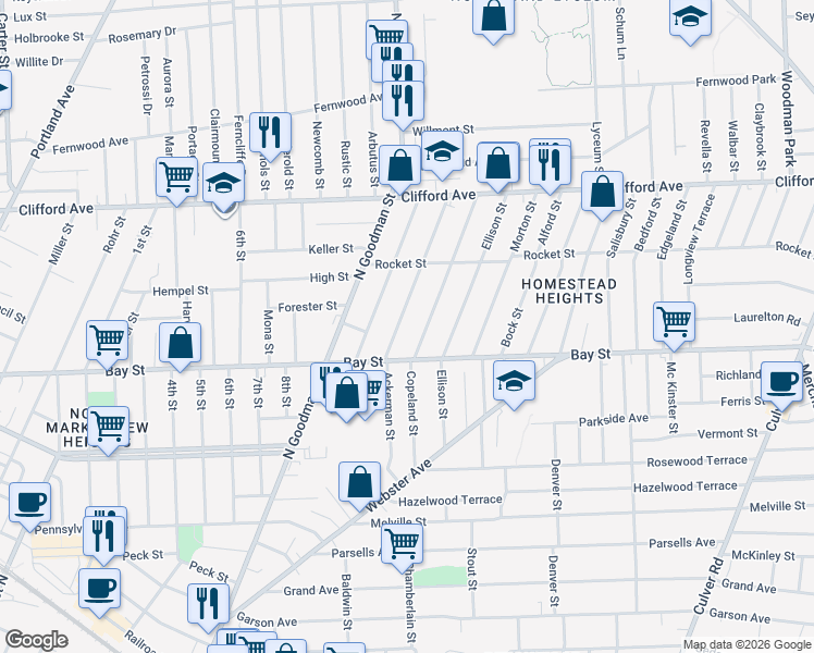 map of restaurants, bars, coffee shops, grocery stores, and more near 15 Cummings Street in Rochester