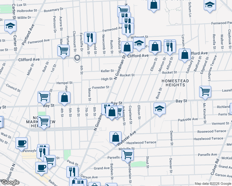 map of restaurants, bars, coffee shops, grocery stores, and more near 606 Bay Street in Rochester
