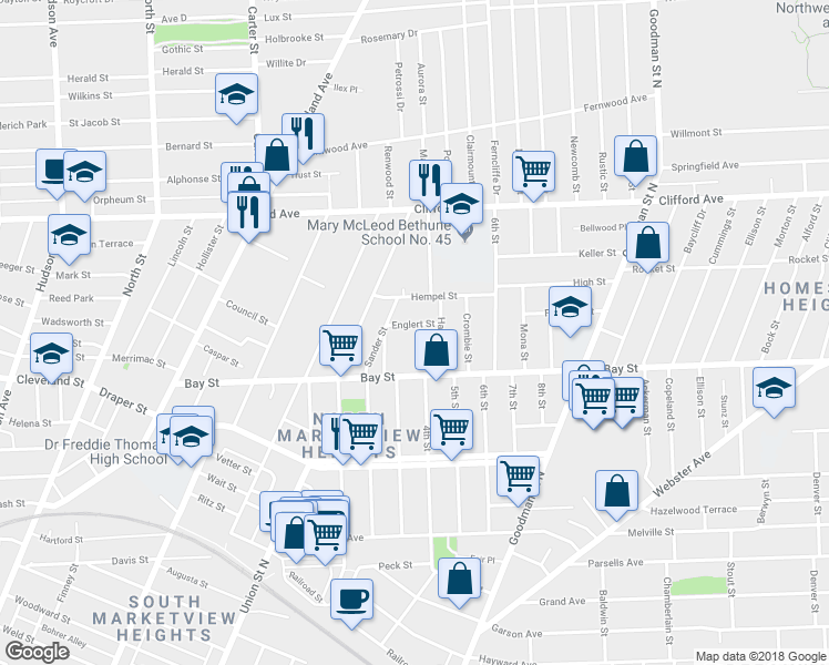 map of restaurants, bars, coffee shops, grocery stores, and more near 25 Harvest Street in Rochester