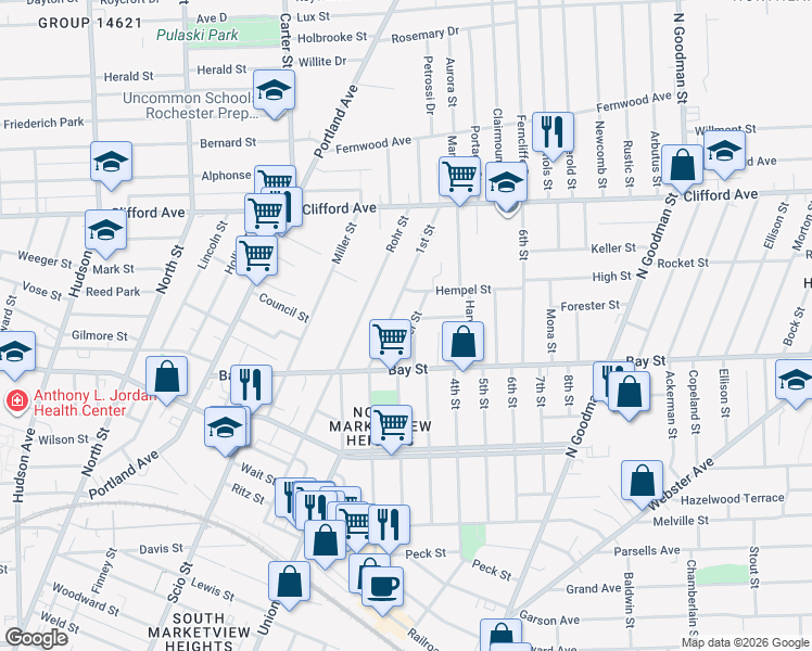 map of restaurants, bars, coffee shops, grocery stores, and more near 34 Teresa Street in Rochester