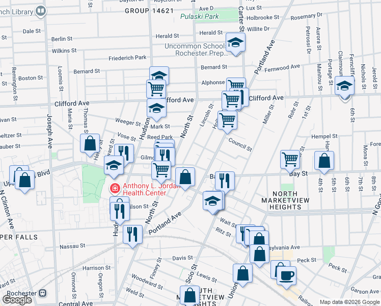 map of restaurants, bars, coffee shops, grocery stores, and more near 270 Merrimac Street in Rochester